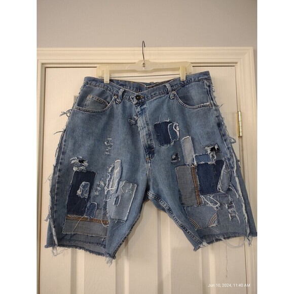 Custom Gender Neutral Denim Jean Shorts Jorts Patched Magnolia Boho Hippie - Picture 1 of 10